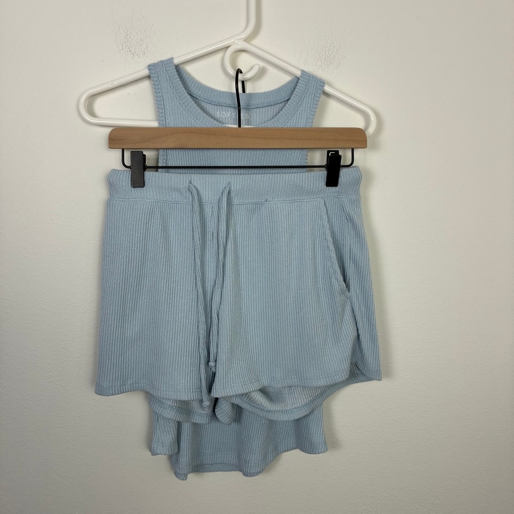 SOFTIES Ribbed Tank Top Shorts Set Blue Loungewear Pajamas Womens Size S